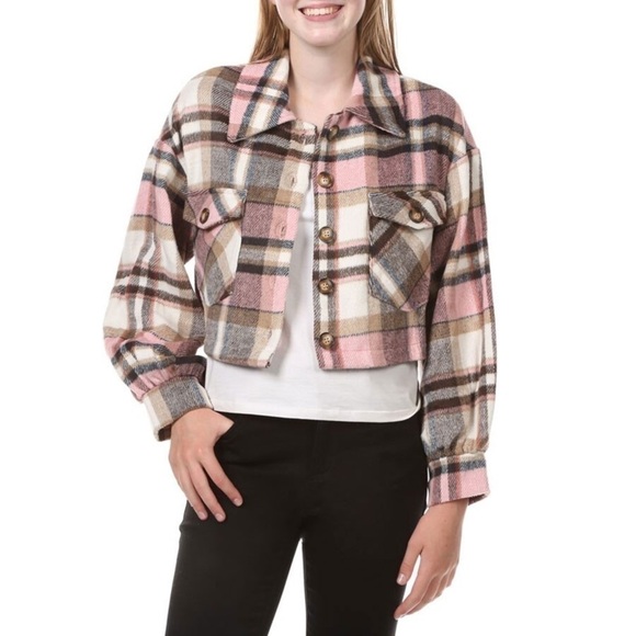 hyfve Pink Cream Tan Black Plaid Cropped Button Down Jacket L - Picture 2 of 11